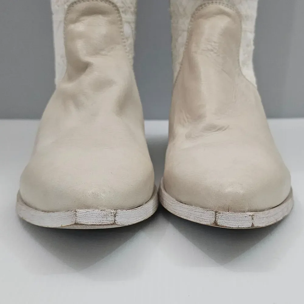 Free People Bren Knee High Boot Womens EU 38 Cream Embroidered Boho Slouchy NEW
